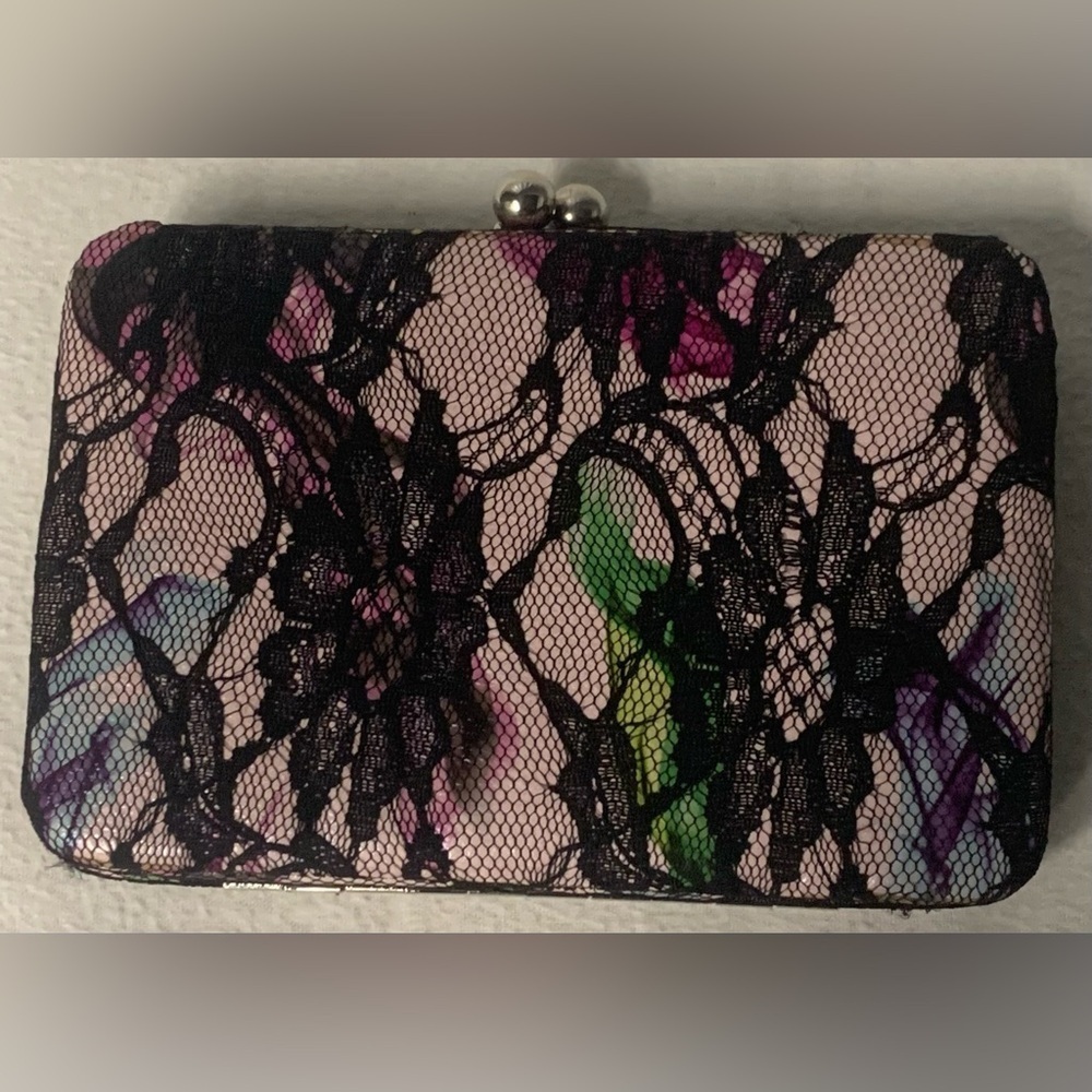 Elegant Black Lace Overlay Clutch Purse Floral Evening Bag/Wallet New